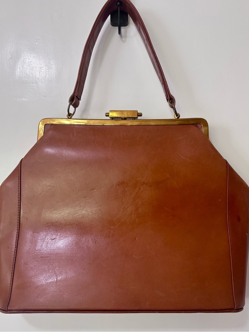 Letisse| Vintage Cognac Genuine Leather Frame Top Handle Handbag Satchel 60s 70s - Picture 6 of 8